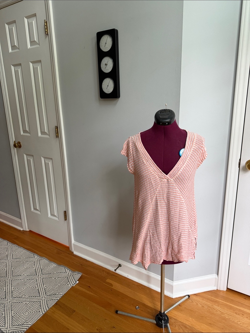 Meadow Rue Pink Striped V-Neck Short Sleeve Tee